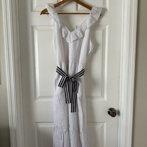 White Sleeveless Dress with Striped Belt